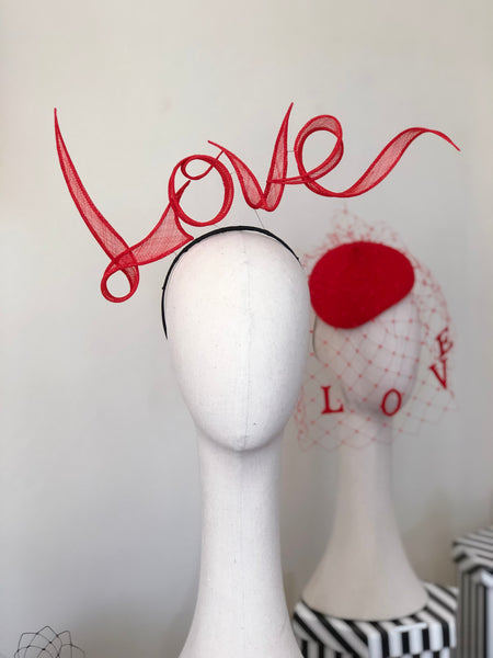 LOVE Letters Slogan Red Hand Rolled Sinamay Headband Hat Yuan Li London Millinery Bridal Veil Wedding Royal Ascot Valentine's Day Gift