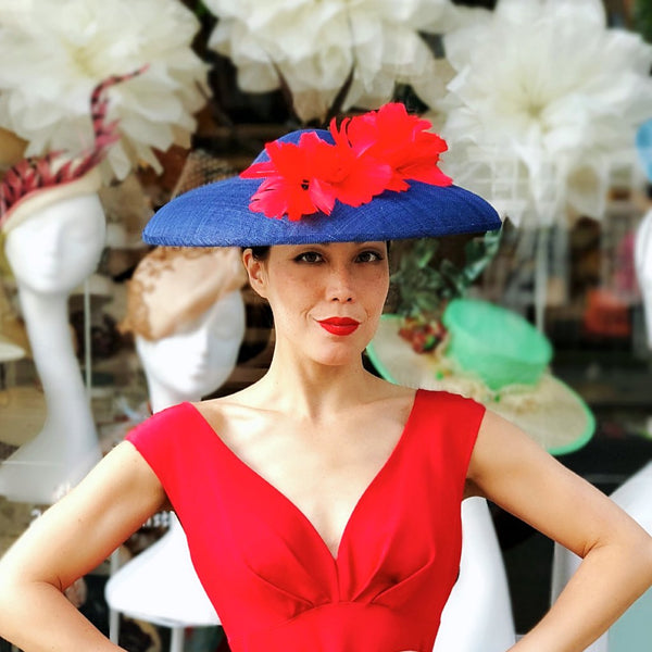 Grace Navy Red Feather Flower Hat