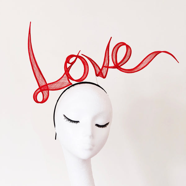 LOVE Letters Slogan Red Hand Rolled Sinamay Headband Hat Yuan Li London Millinery Bridal Veil Wedding Royal Ascot Valentine's Day Gift