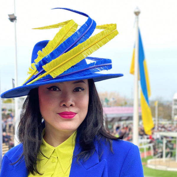 Cheltenham race bright blue yellow fur felt hat blue yellow ostrich feathers fascinator spring races wedding yuanlilondon millinery