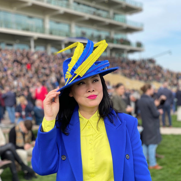 Cheltenham race bright blue yellow fur felt hat blue yellow ostrich feathers fascinator spring races wedding yuanlilondon millinery