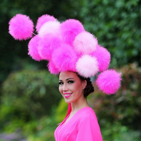 YUANLILONDON Yuan li london shocking pink candy floss feather pompoms hat