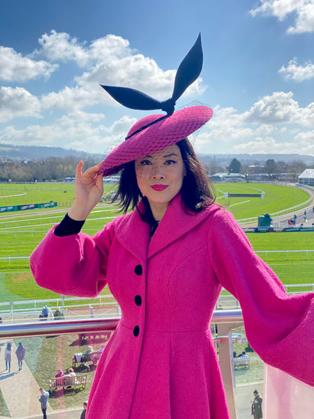 Cheltenham race bright hot pink 1950s style saucer hat black veil black wings fascinator spring races wedding yuanlilondon millinery