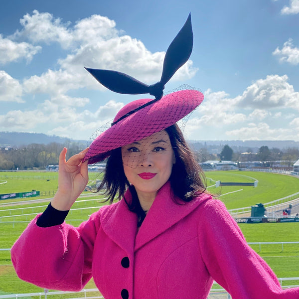 Cheltenham race bright hot pink 1950s style saucer hat black veil black wings fascinator spring races wedding yuanlilondon millinery