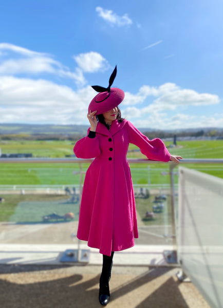 Cheltenham race bright hot pink 1950s style saucer hat black veil black wings fascinator spring races wedding yuanlilondon millinery