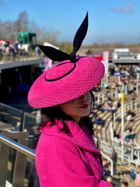 Cheltenham race bright hot pink 1950s style saucer hat black veil black wings fascinator spring races wedding yuanlilondon millinery
