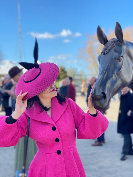Cheltenham race bright hot pink 1950s style saucer hat black veil black wings fascinator spring races wedding yuanlilondon millinery