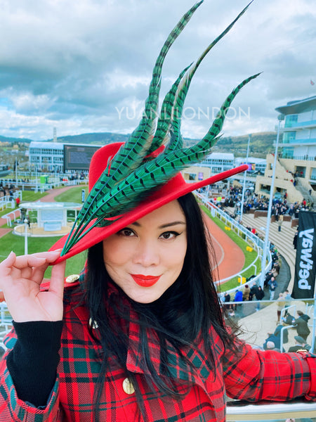 Cheltenham race ruby red wool felt hat green pheasant feathers fascinator spring races wedding yuanlilondon millinery