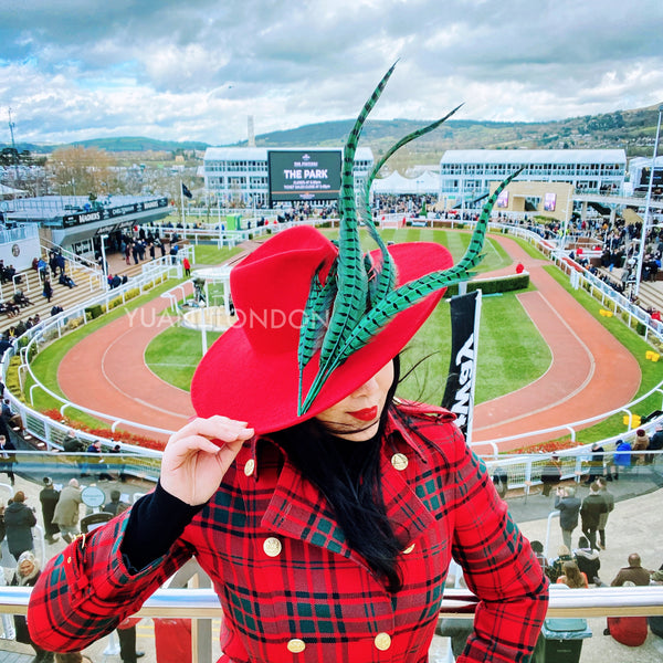 Cheltenham race ruby red wool felt hat  green pheasant feathers fascinator spring races wedding yuanlilondon millinery