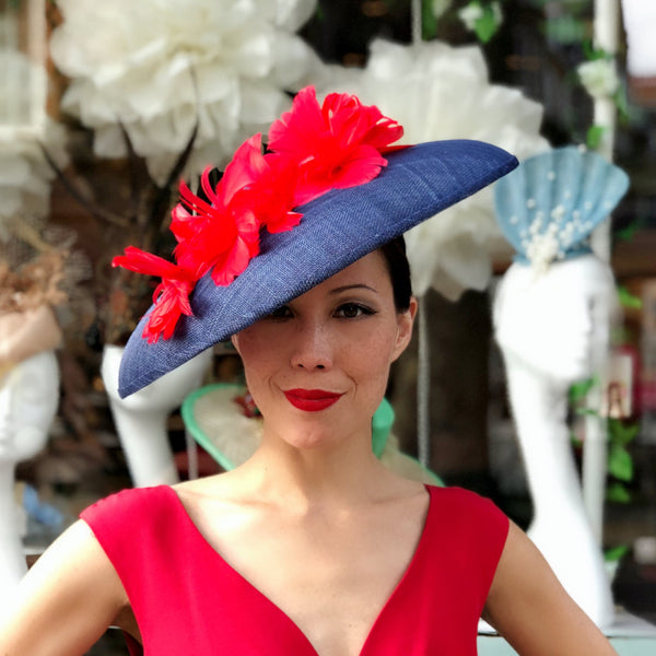 Grace Navy Red Feather Flower Hat