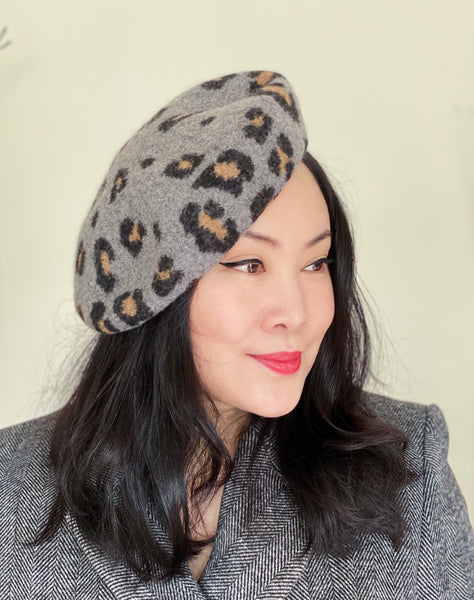 Leopard Wool Beret Grey