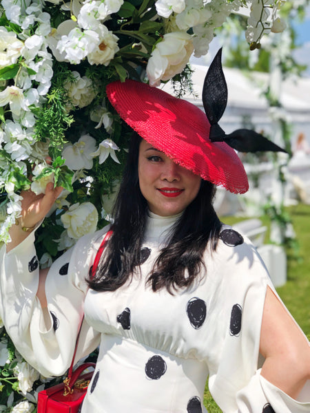 Estelle Red Buntal Saucer Hat with Black Bow