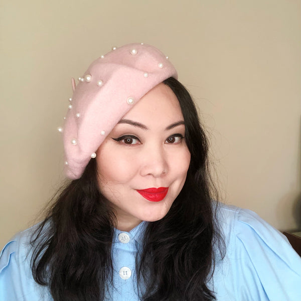Pale Pink Pearls Wool Beret