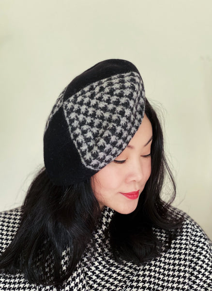 Yuan Li London Millinery Black Grey Houndstooth Herringbone wool beret