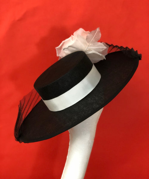 Audrey Black White Silk Flower Boater Hat