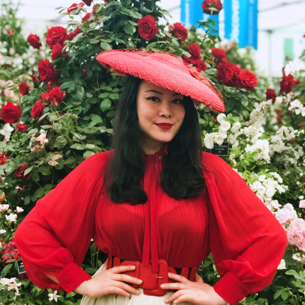 Renee Red Buntal Saucer Hat with Veil