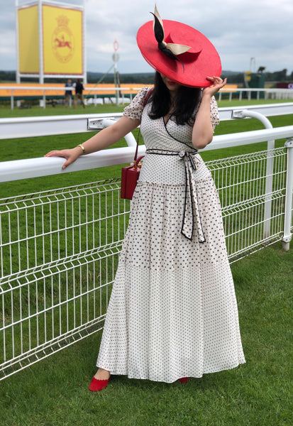 Evelyn Red Parasisal Saucer Hat with Black and White Bow