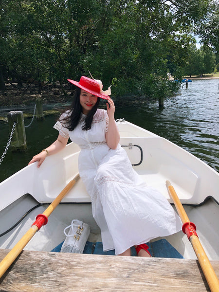 Marina Red White Boater Sunmer Straw Hat with Bow