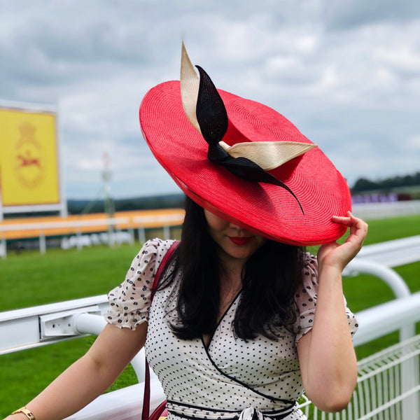 Evelyn Red Parasisal Saucer Hat with Black and White Bow