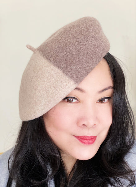 2 Shades of Latte Colour Blocking Wool Beret
