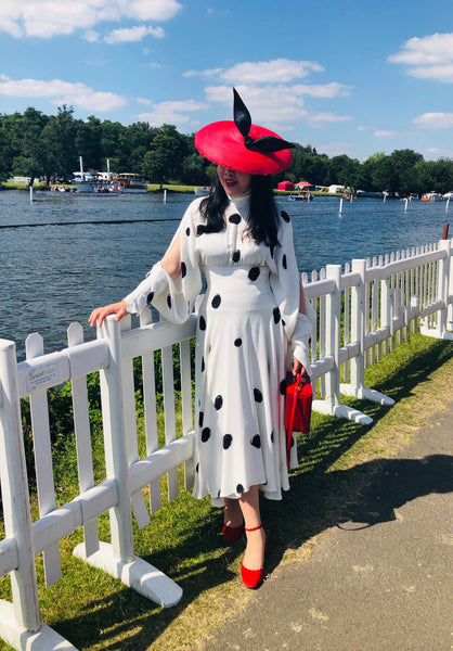 Estelle Red Buntal Saucer Hat with Black Bow