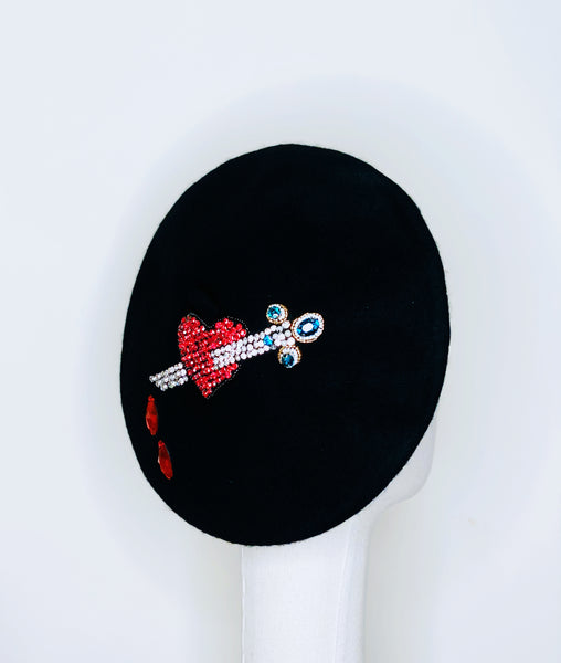 Red Heart & Dagger Beaded Teal Blue Wool Beret