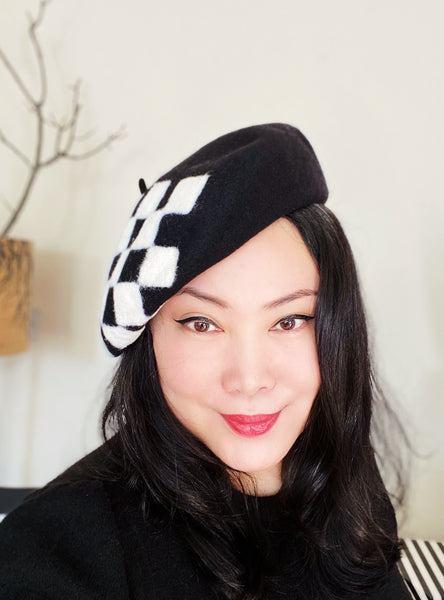Yuan Li London Millinery Black White Chess board Hand felted wool beret