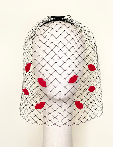 kiss red lips black birdcage veil bridal party hat fascinator yuanlilondon millinery