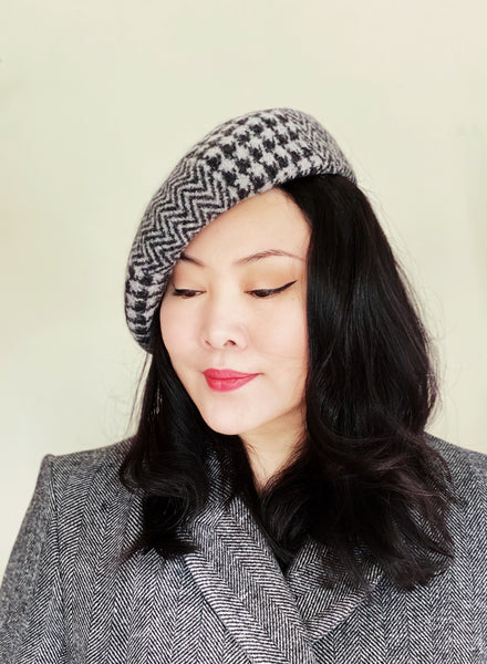 Black Grey Houndstooth Herringbone Wool Beret