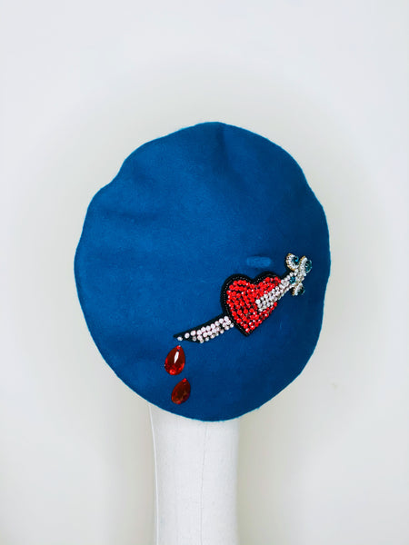 Red Heart & Dagger Beaded Teal Blue Wool Beret