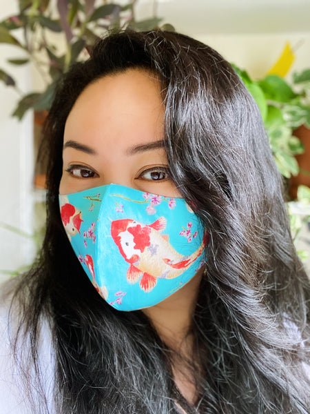Turquoise Japanese Koi Fish Print Cotton Face Mask Cover