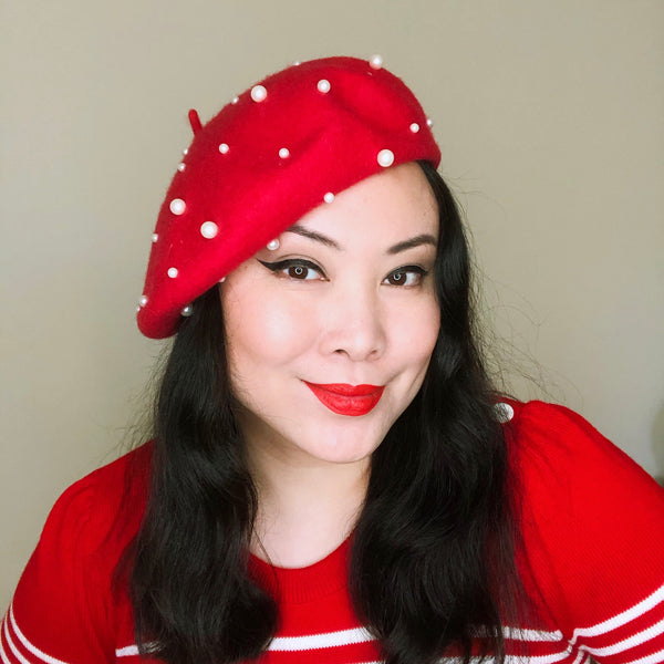 Red White Pearls Wool Beret