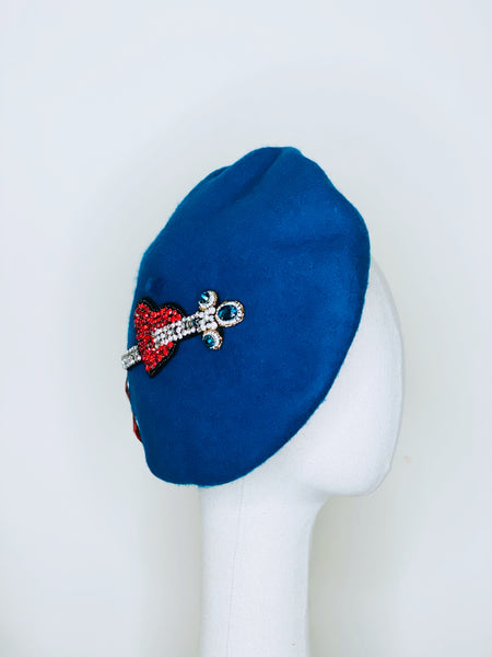 Red Heart & Dagger Beaded Teal Blue Wool Beret