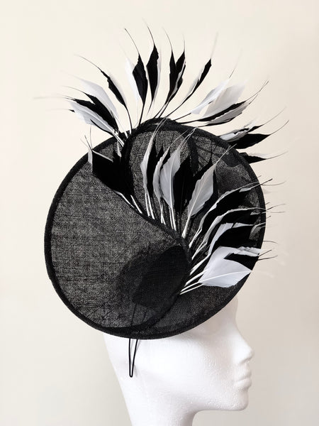 Edwina Black White Feathers Fascinator