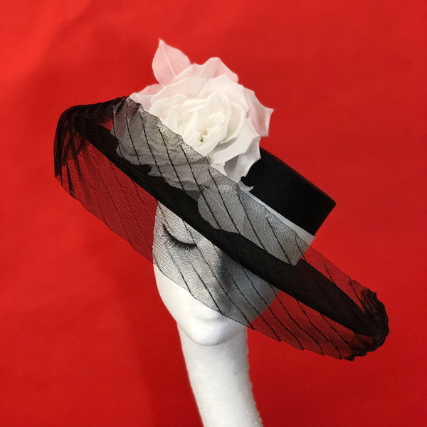 Audrey Black White Silk Flower Boater Hat