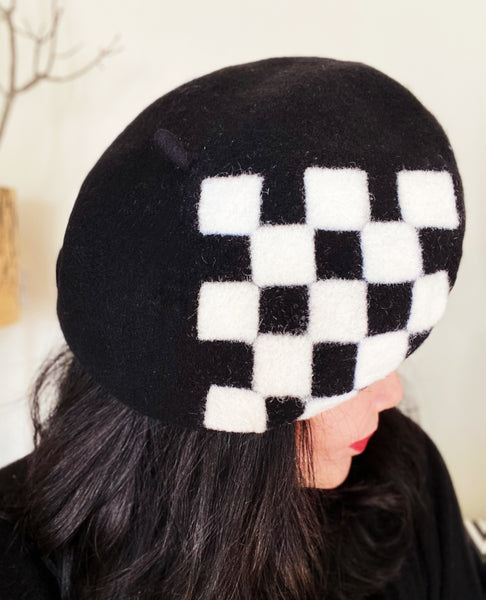 Yuan Li London Millinery Black White Chess board Hand felted wool beret