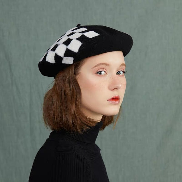Yuan Li London Millinery Black White Chess board Hand felted wool beret