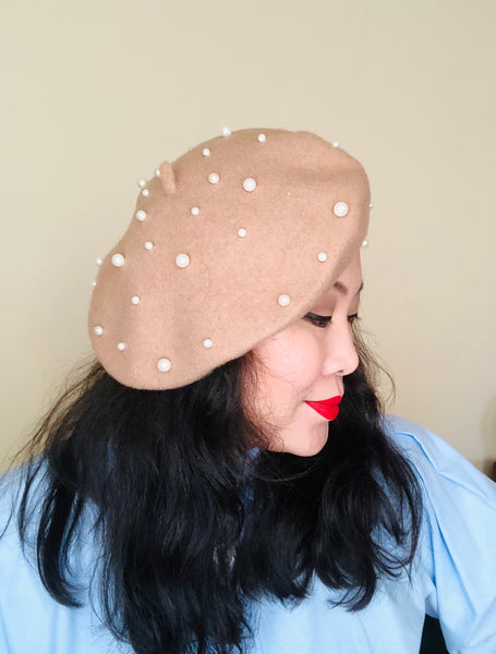 Latte Pearls Wool Beret