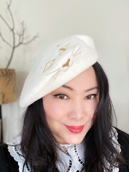 Kitty Cat White Wool Beret