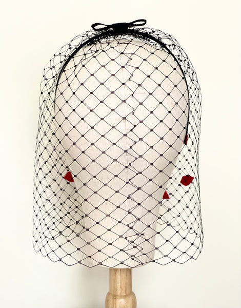kiss red lips black birdcage veil bridal party hat fascinator yuanlilondon millinery wedding