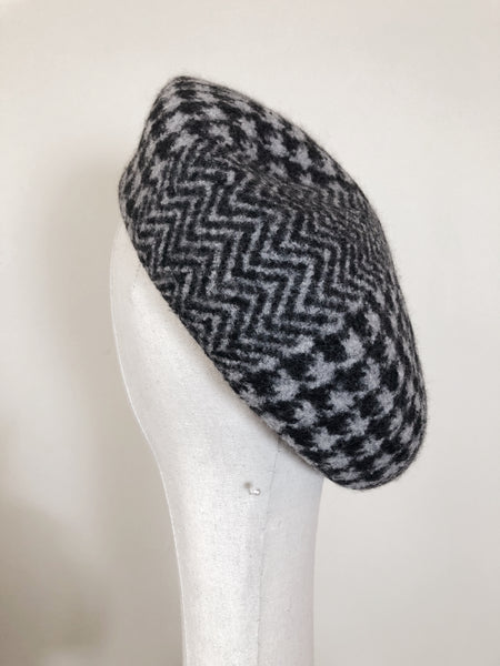 Black Grey Houndstooth Herringbone Wool Beret