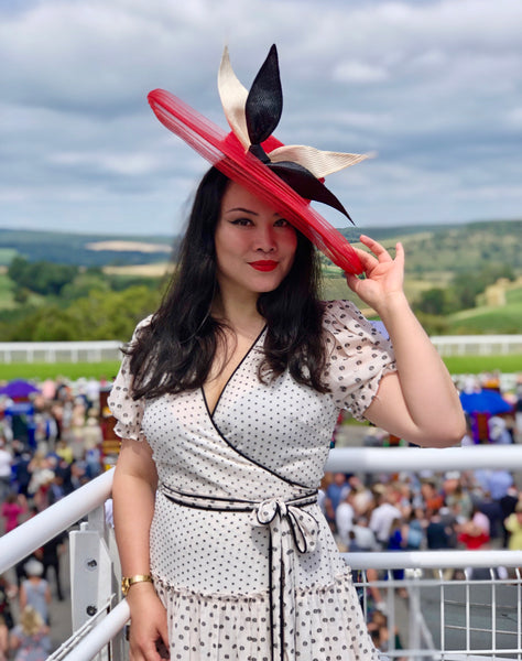 Evelyn Red Parasisal Saucer Hat with Black and White Bow