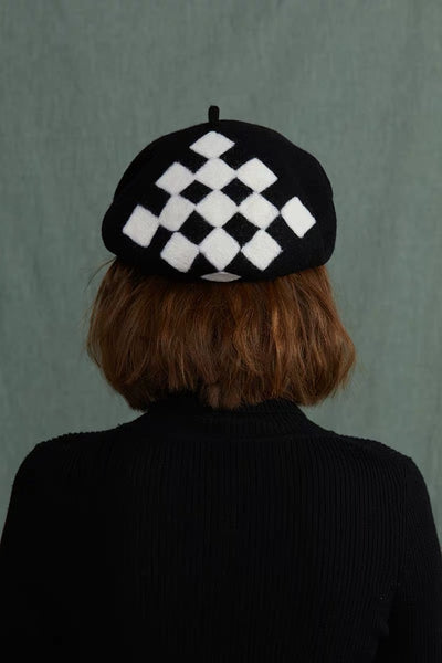 Yuan Li London Millinery Black White Chess board Hand felted wool beret