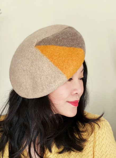 Mustard Yellow and Latte Wool Beret
