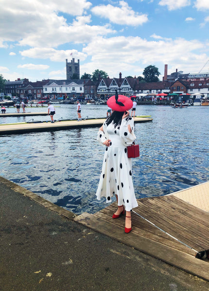 Estelle Red Buntal Saucer Hat with Black Bow