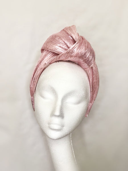Pale Pink Silver Metallic Silk Abaca Turban Headband