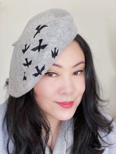 Grey Black Birds Wool Beret