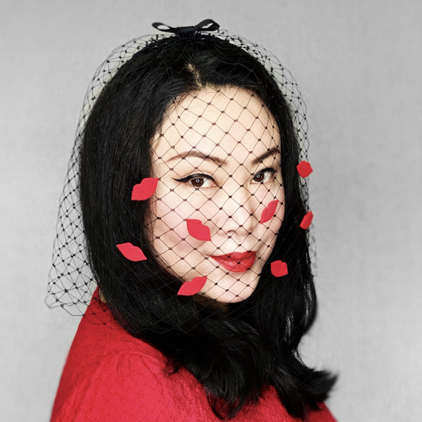 kiss red lips black birdcage veil bridal party hat fascinator yuanlilondon millinery wedding