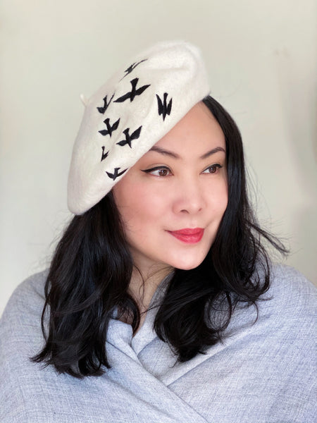 White Black Birds Wool Beret