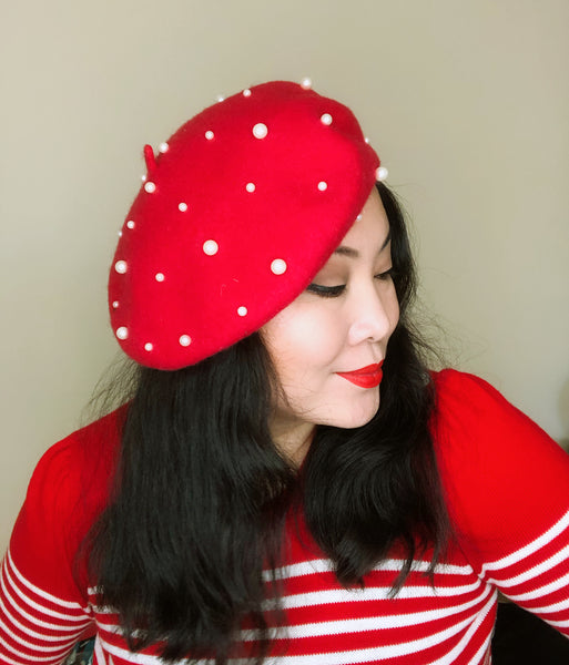 Red White Pearls Wool Beret